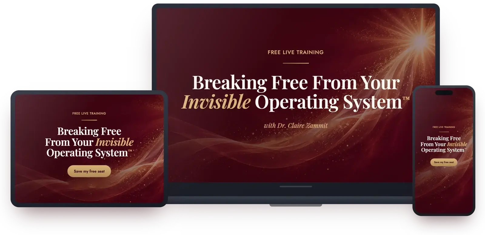 The Breaking Free From Your Invisible Operating System training shown on a laptop, tablet and phone