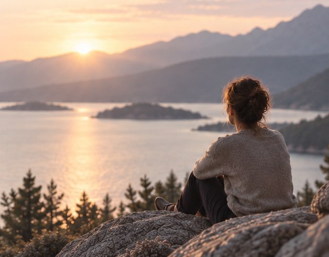 A woman sits on a rocky outcrop looking out over a lake at sunset